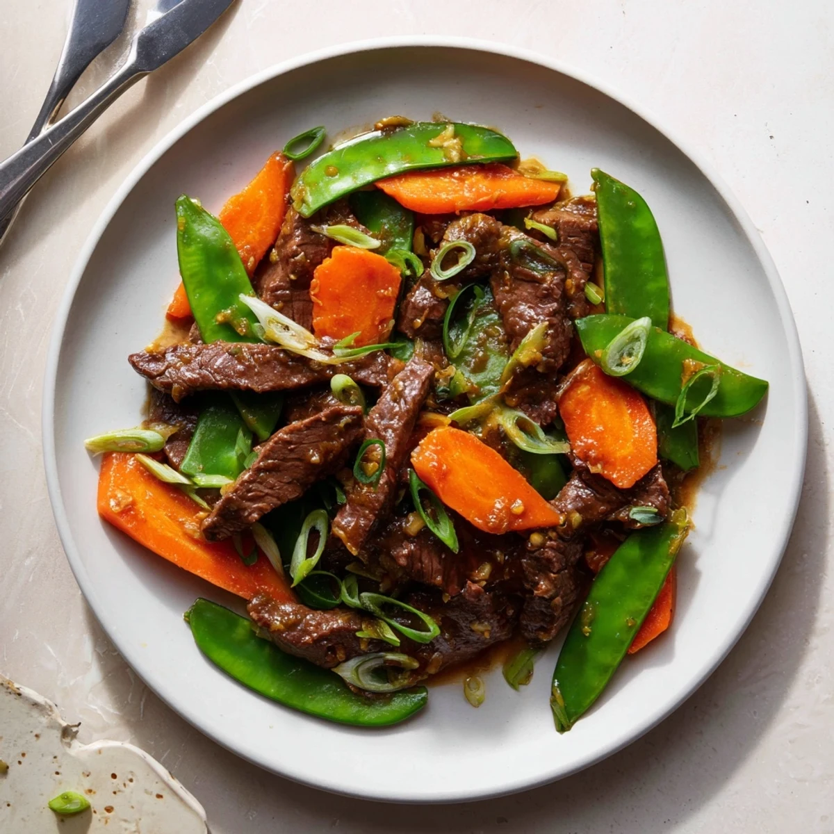 Beef Stir Fry with Snow Peas and Carrots glistens in a skillet, garnished with fresh ginger and green onions for a quick weeknight dinner.