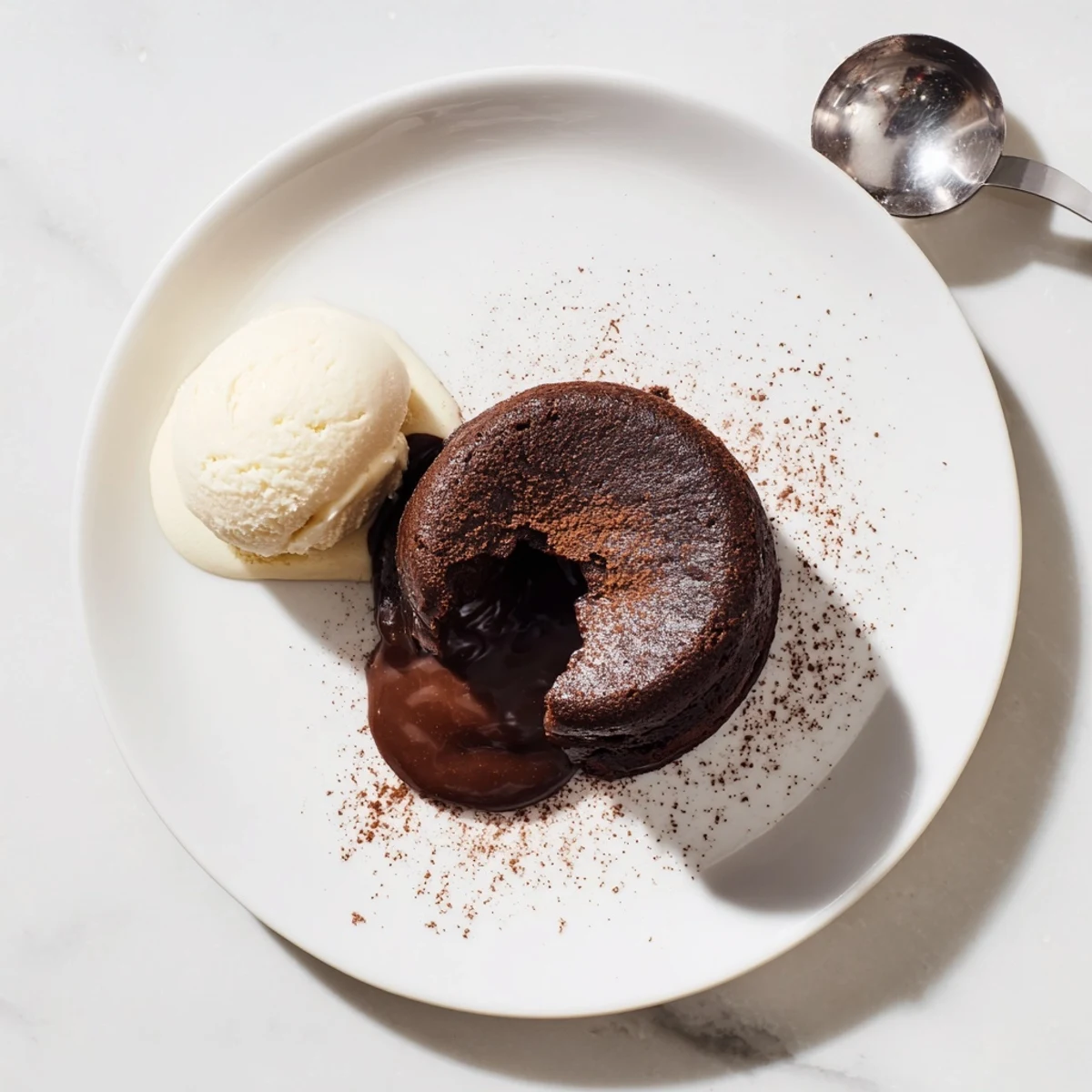 A rich chocolate lava cake sits on a white plate, with a scoop of vanilla ice cream melting into the gooey, molten center.