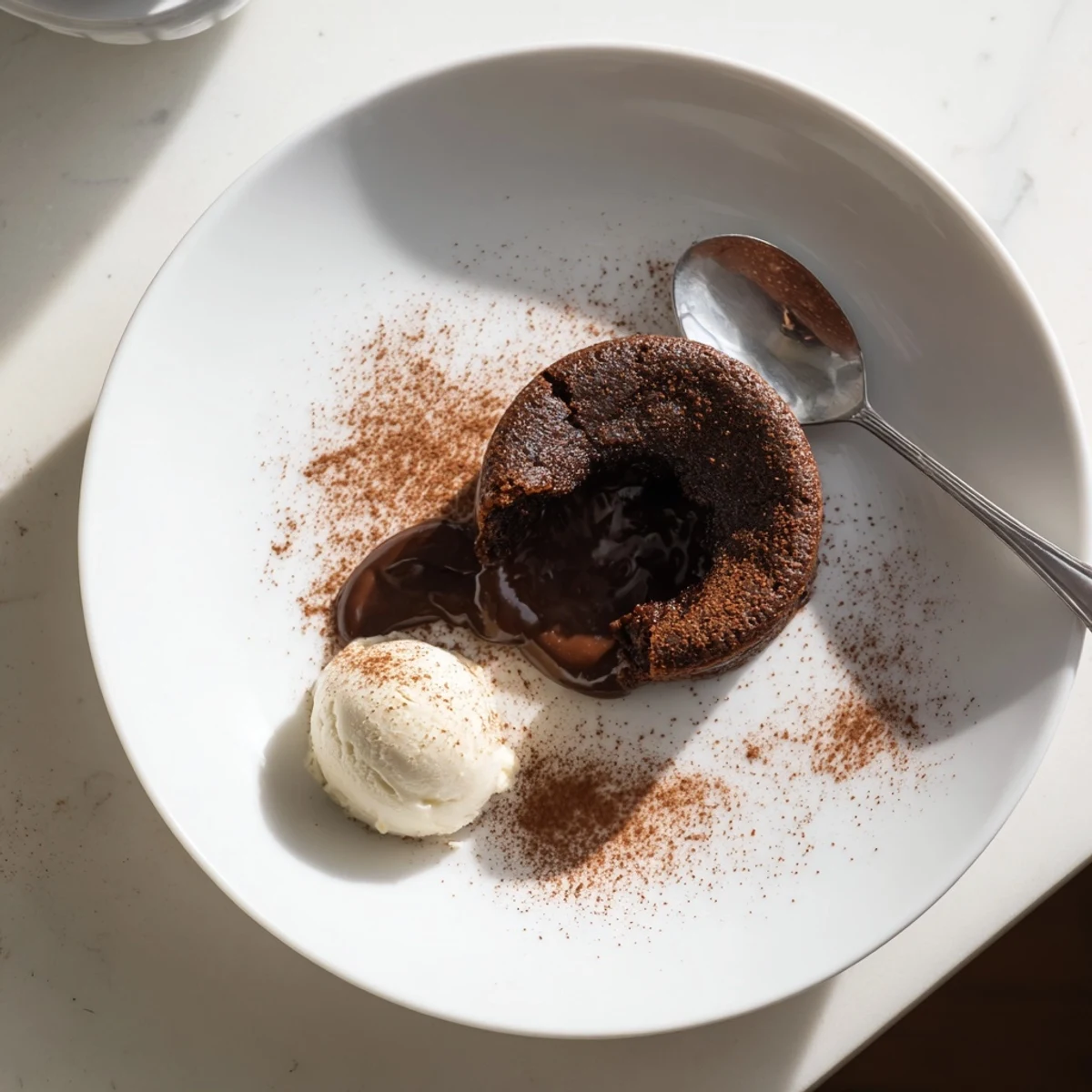 Decadent warm chocolate lava cakes are topped with creamy vanilla ice cream, fresh berries, and a dusting of powdered sugar for a stunning dessert presentation.