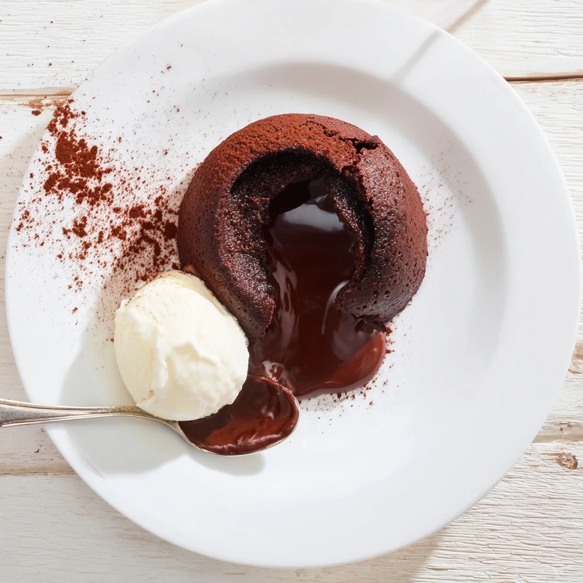 Molten chocolate cakes on a dessert plate, featuring a forkful revealing the rich, liquid chocolate interior alongside a scoop of vanilla ice cream.