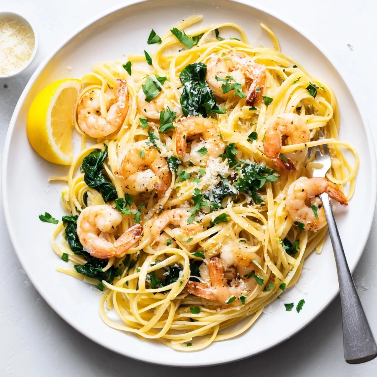 Steam rises from a skillet of bright lemon garlic shrimp pasta with spinach, garnished with fresh parsley and lemon wedges.  