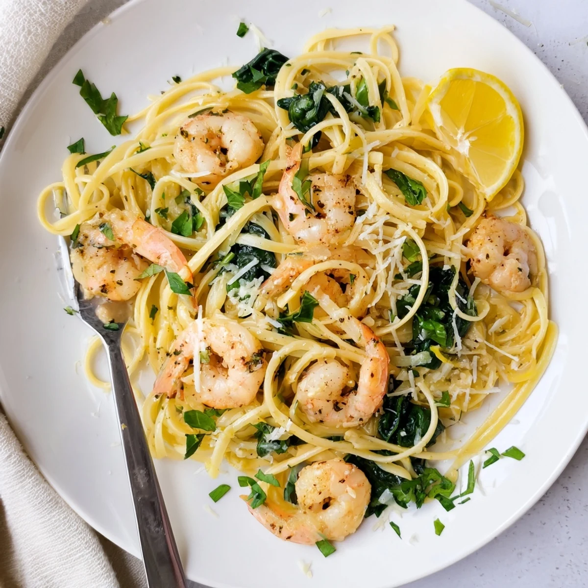 A close-up of lemon garlic shrimp pasta with spinach in a skillet, featuring tender shrimp and wilted greens.  