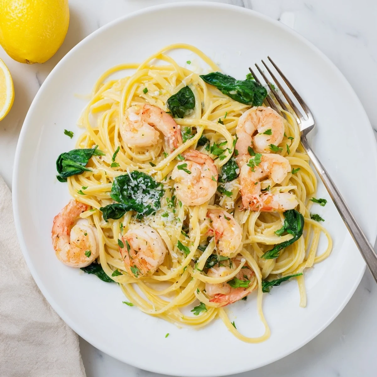 Plated lemon garlic shrimp pasta with spinach, topped with grated Parmesan and served with a glass of white wine.