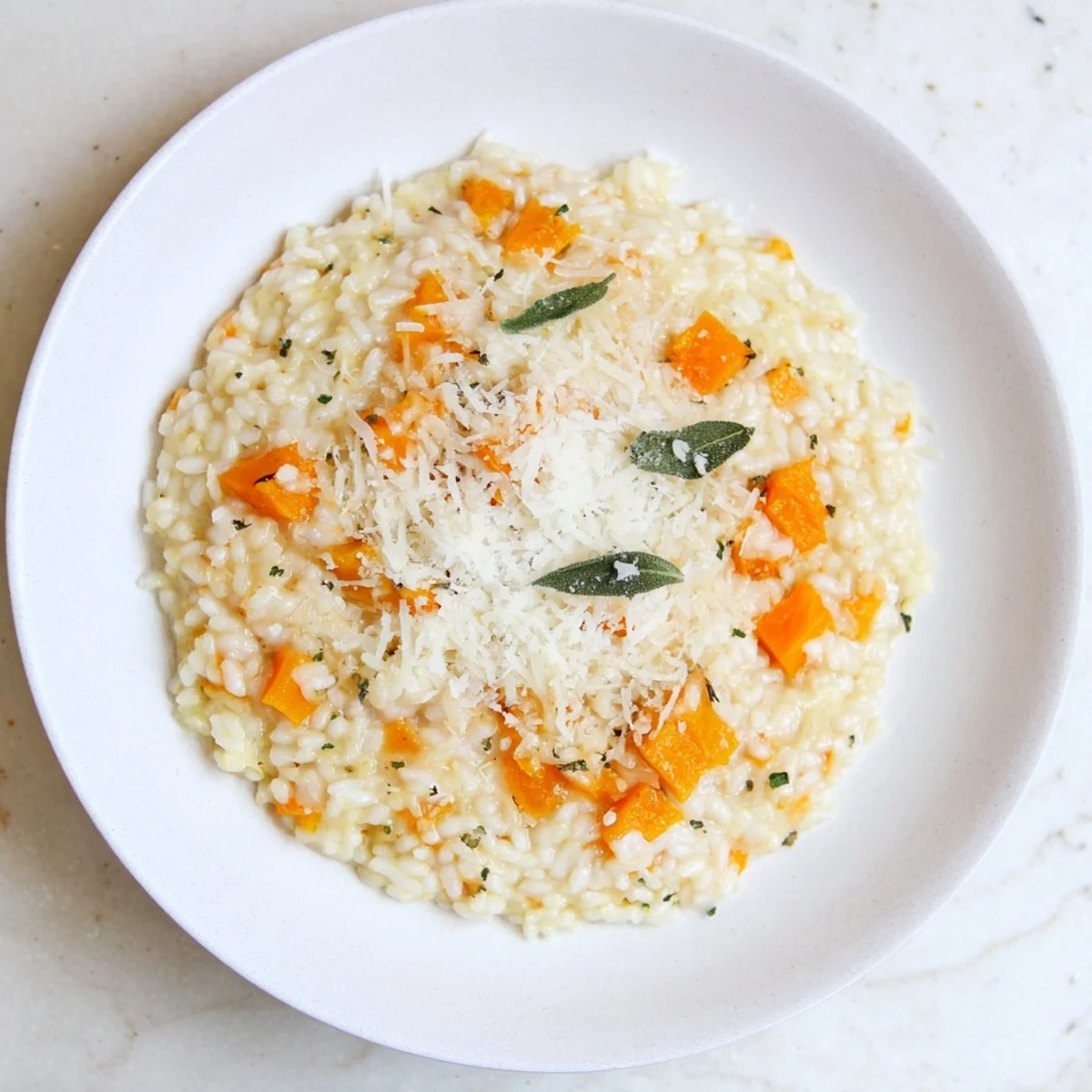A bowl of creamy Winter Squash Risotto with Sage and Parmesan, topped with roasted squash cubes, fresh sage, and extra cheese.