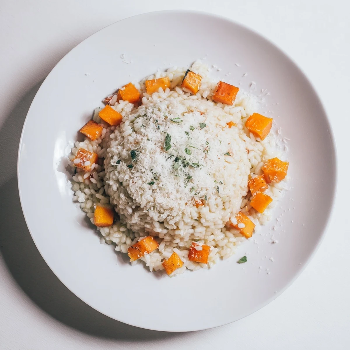 Steaming Winter Squash Risotto with Sage and Parmesan in a rustic skillet, featuring golden-brown squash and a sprinkle of chopped herbs.