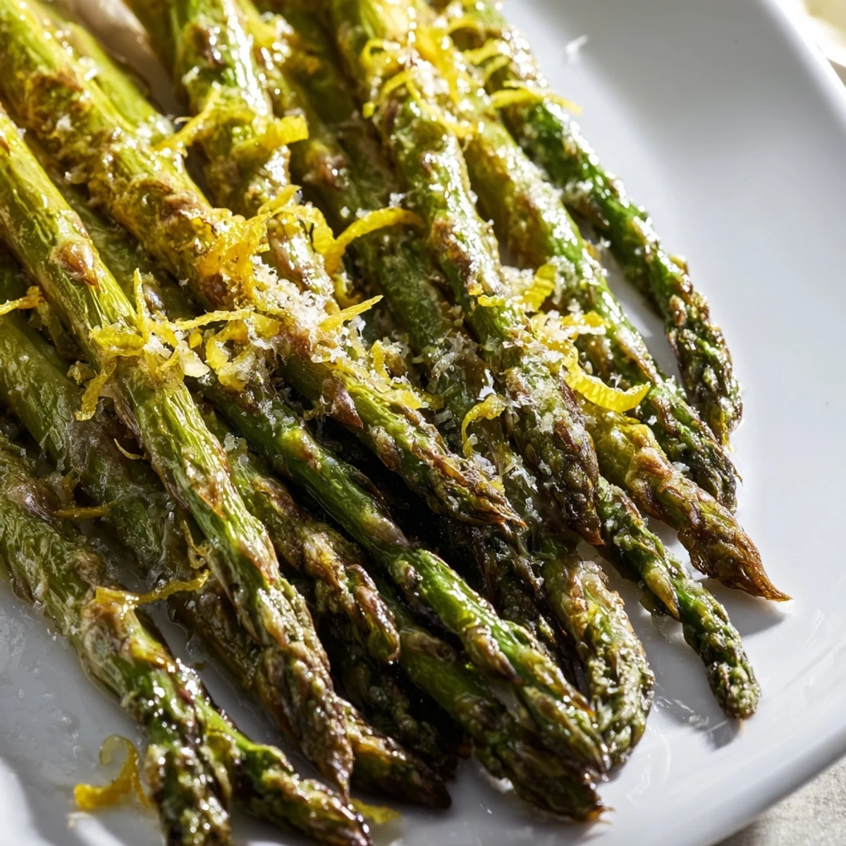 Fresh roasted asparagus with Parmesan and lemon, served warm as a simple side.  