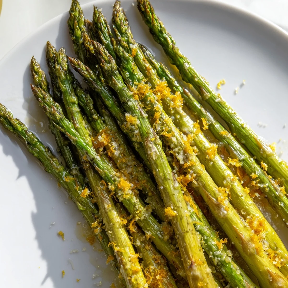 Tender roasted asparagus with Parmesan and lemon, bright and golden on a plate.  