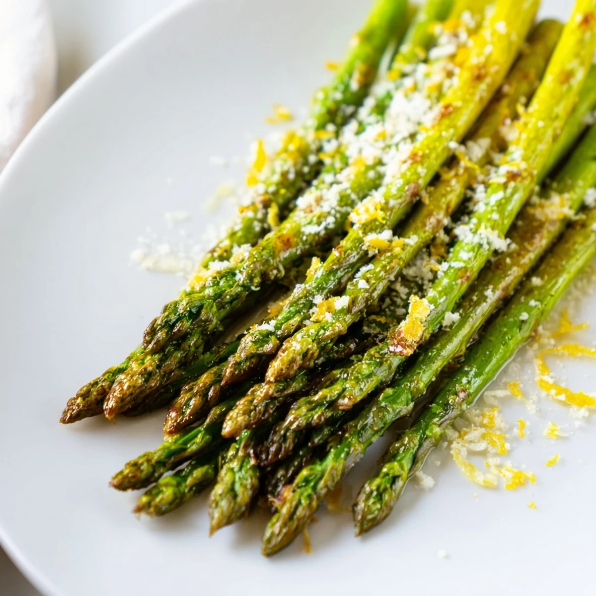 Vibrant roasted asparagus with Parmesan and lemon, drizzled with olive oil and zest.