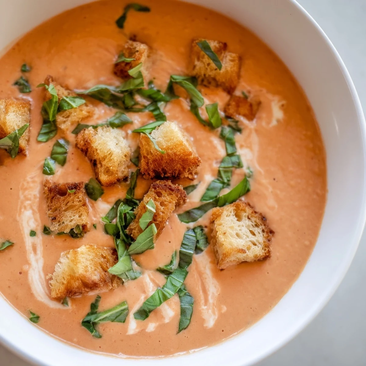 A steaming bowl of Creamy Tomato Basil Bisque topped with golden croutons, perfect for a cozy lunch.