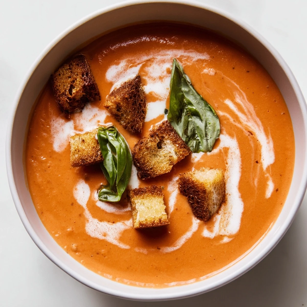 Creamy Tomato Basil Bisque in a rustic ceramic bowl, garnished with fresh basil and served with crispy croutons.