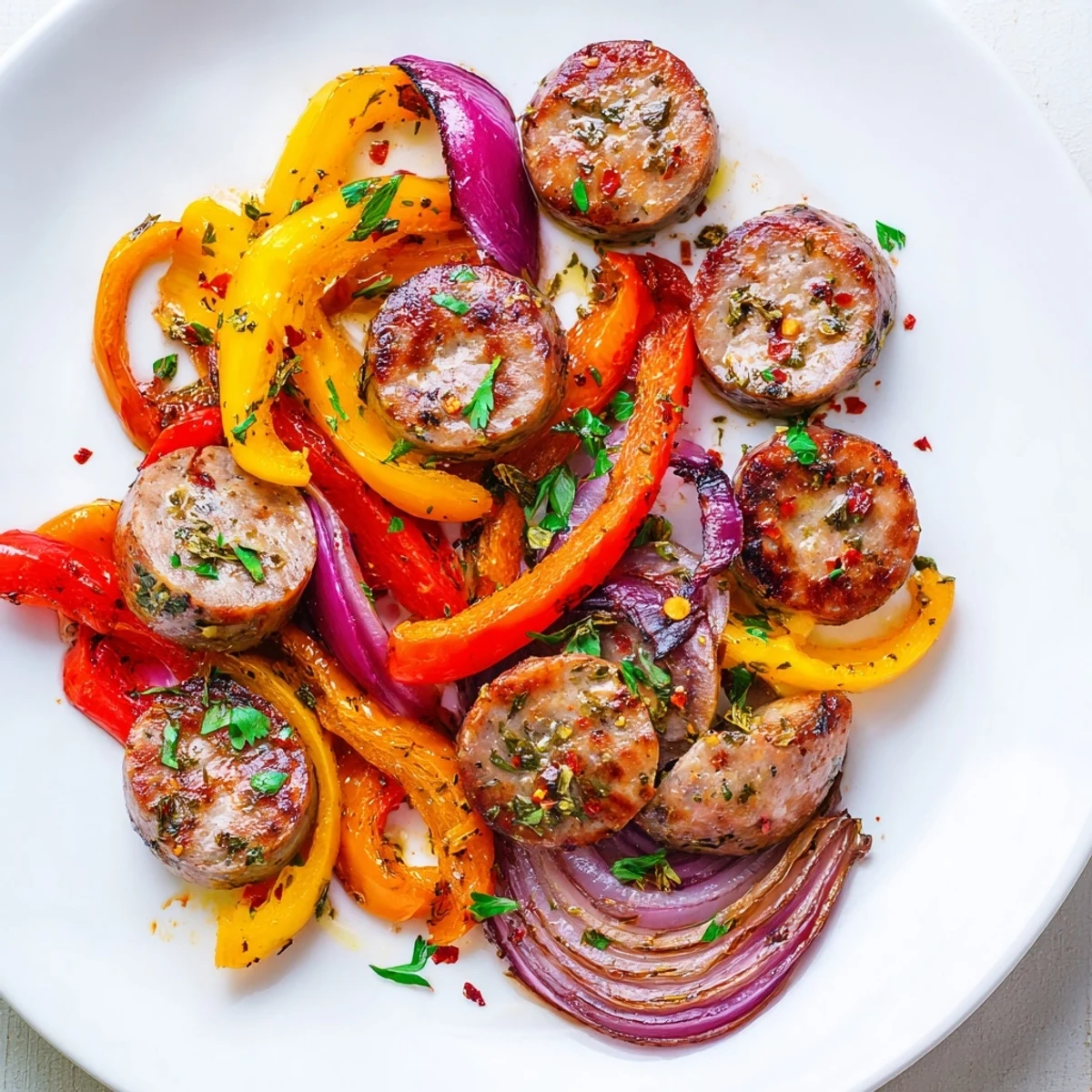The sheet pan sausage and peppers roasted with sweet bell peppers and onions, finished with fresh parsley.  