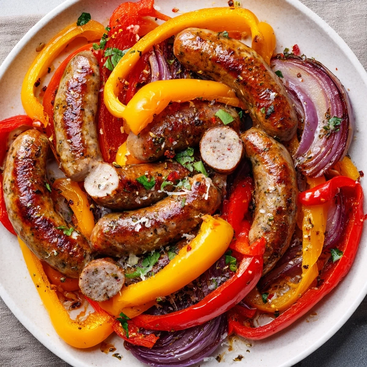 Golden roasted sheet pan sausage and peppers served hot, ready to be enjoyed over rice or polenta.