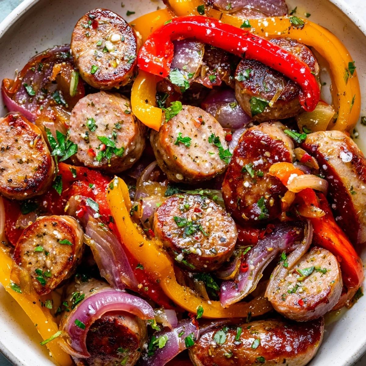 Sizzling Italian sausage and colorful peppers and onions on a baking sheet, perfect for an easy weeknight dinner.  