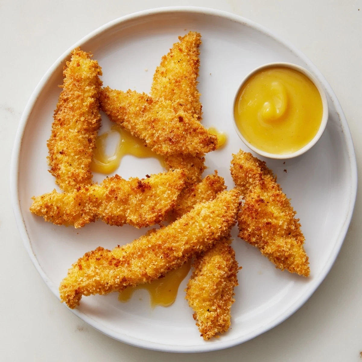 Golden-brown Crispy Baked Chicken Tenders with Honey Mustard rest on a rustic wooden board.