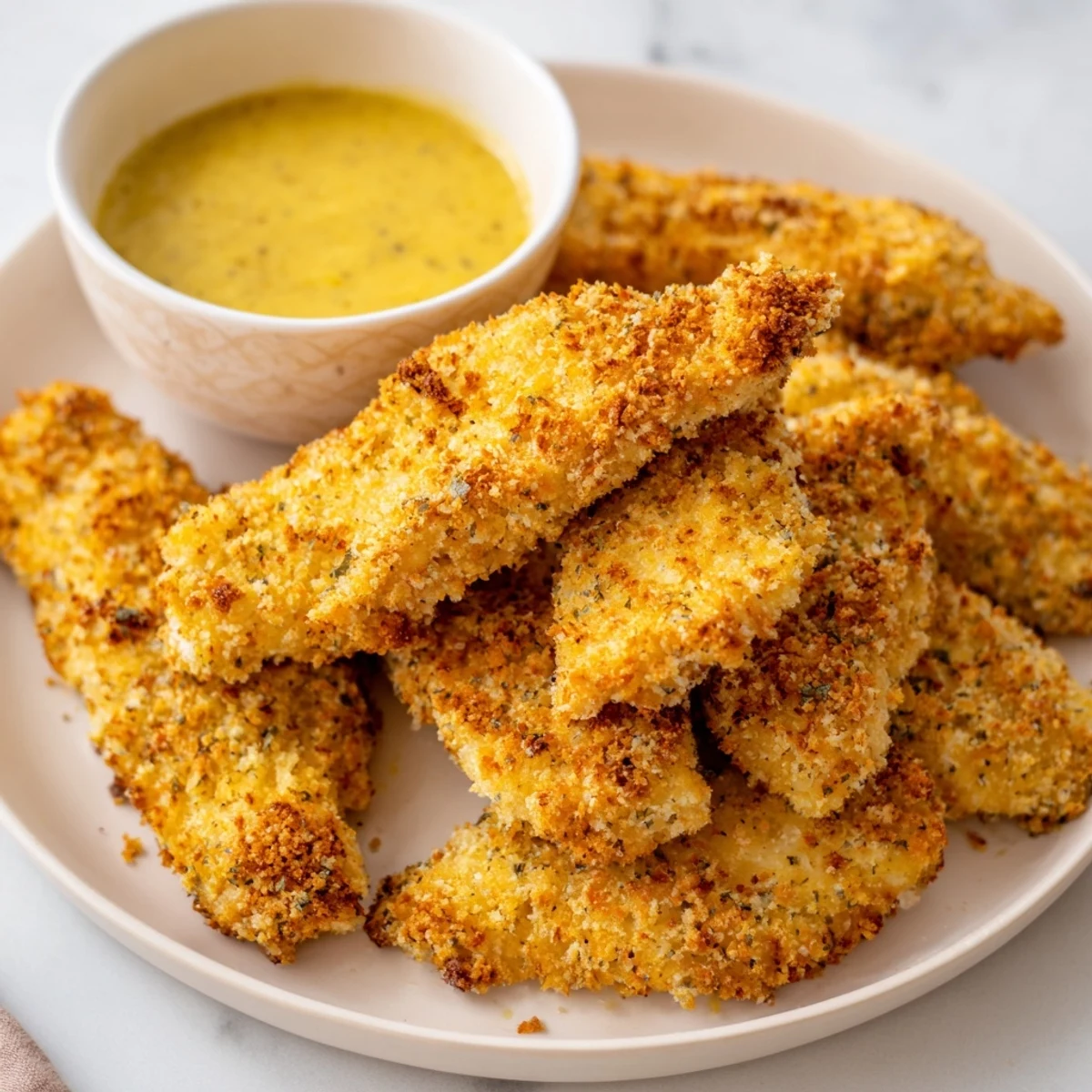Crispy Baked Chicken Tenders with Honey Mustard are served hot on a platter with fresh parsley garnish.