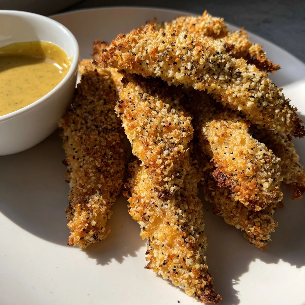 Close-up of Crispy Baked Chicken Tenders with Honey Mustard highlighting the crunchy panko and Parmesan coating.