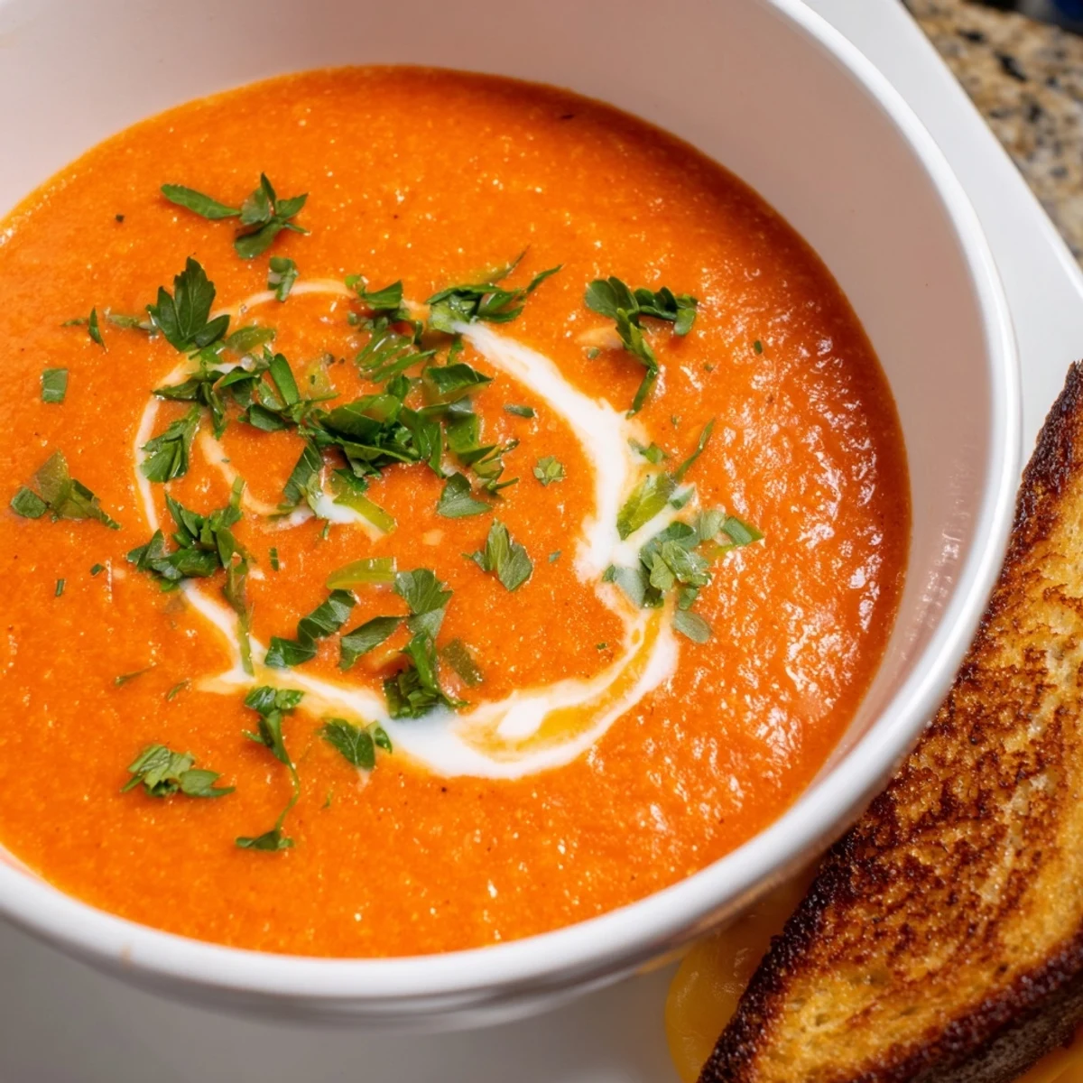 Creamy Creole Tomato Soup with Grilled Cheese in a rustic bowl, topped with fresh parsley alongside golden, buttery sandwich wedges.