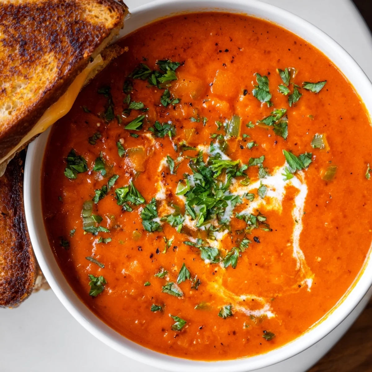 Spicy Creole Tomato Soup with Grilled Cheese served steaming hot, featuring melty cheddar and Swiss between crisp sourdough bread slices.
