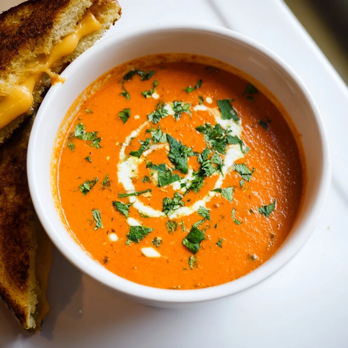 Zesty Creole Tomato Soup with Grilled Cheese garnished with fresh herbs, accompanied by crispy grilled cheese triangles on a wooden table.