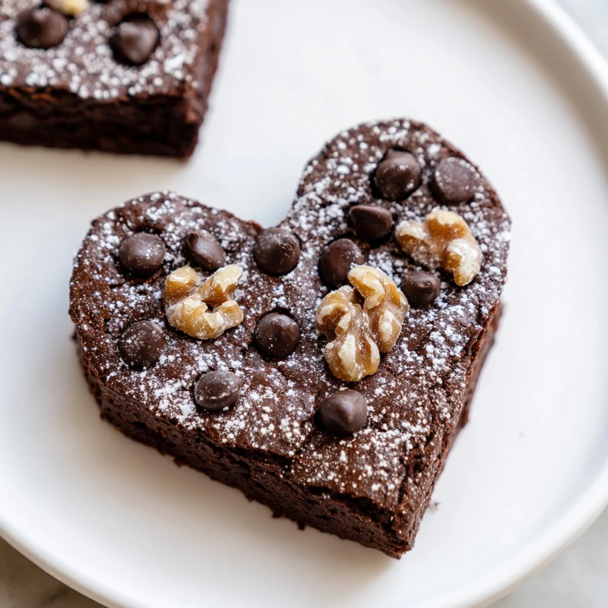 Fudgy Valentine Heart Shaped Brownies dusted with powdered sugar on a rustic plate.