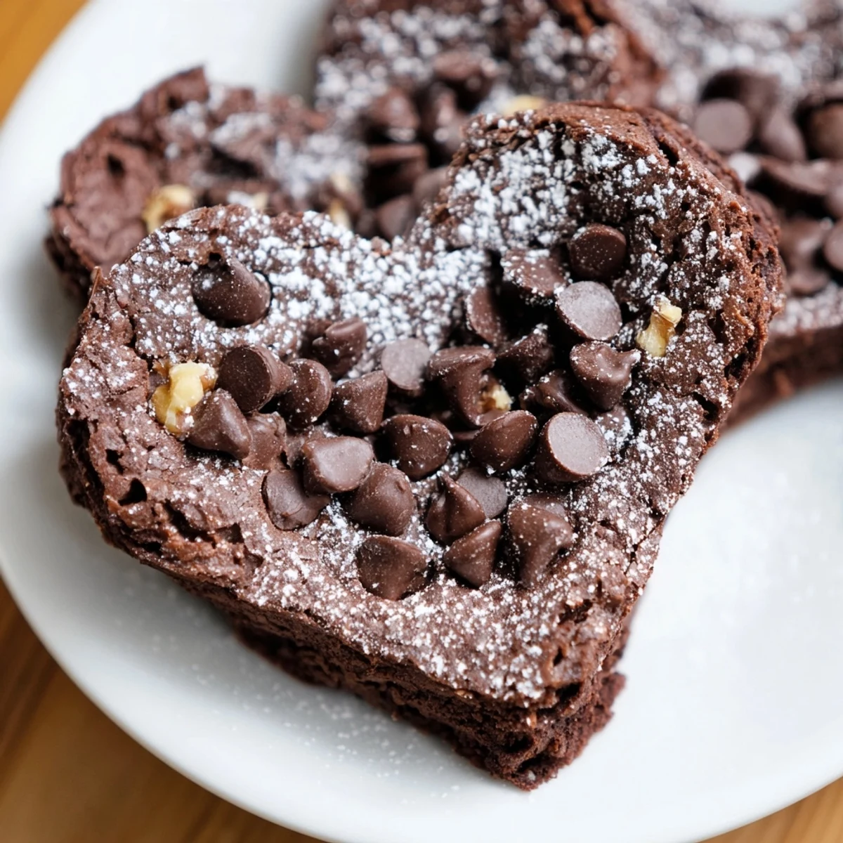 A close-up of rich, chocolatey Valentine Heart Shaped Brownies ready to share.