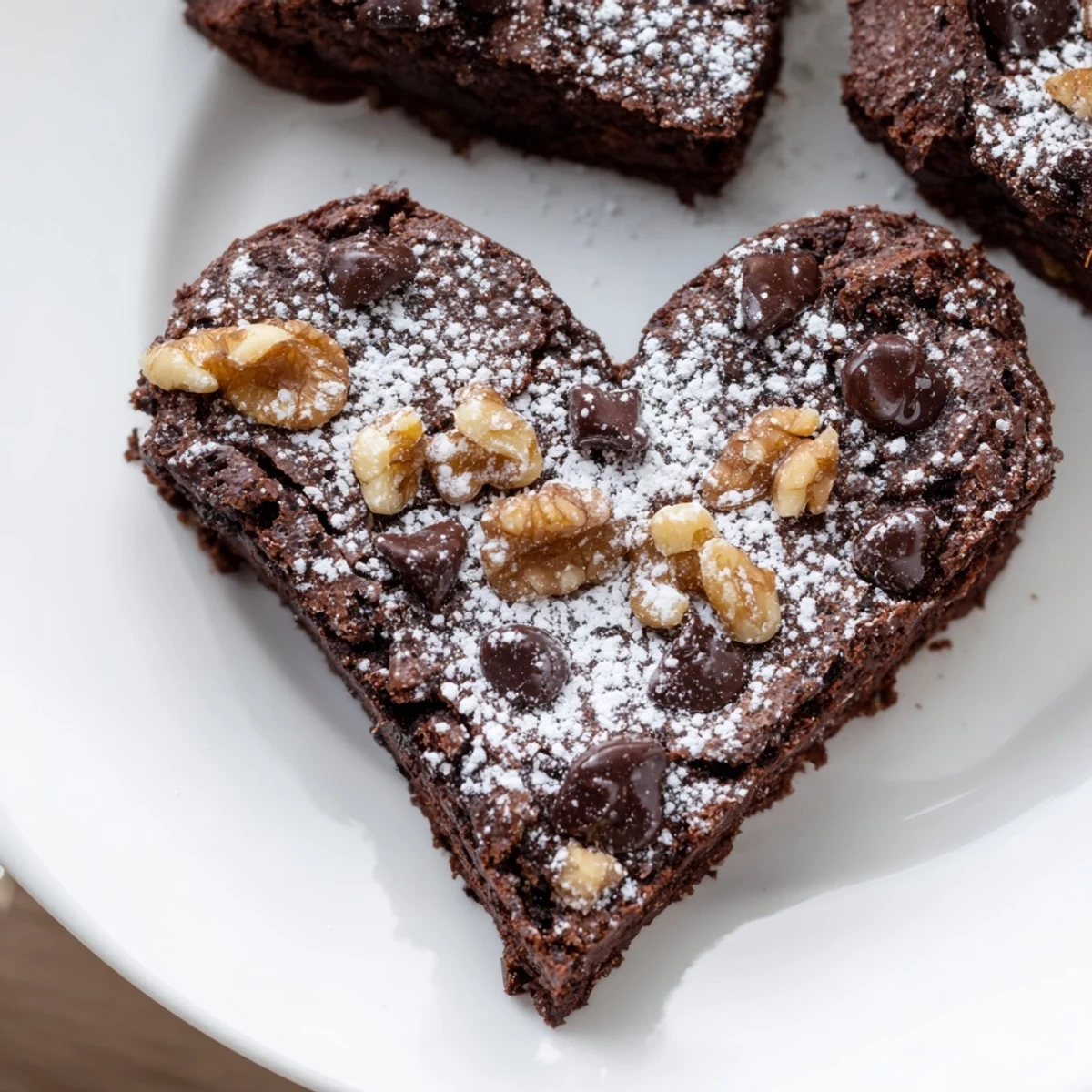 Valentine Heart Shaped Brownies with chocolate chips and nuts served with ice cream.