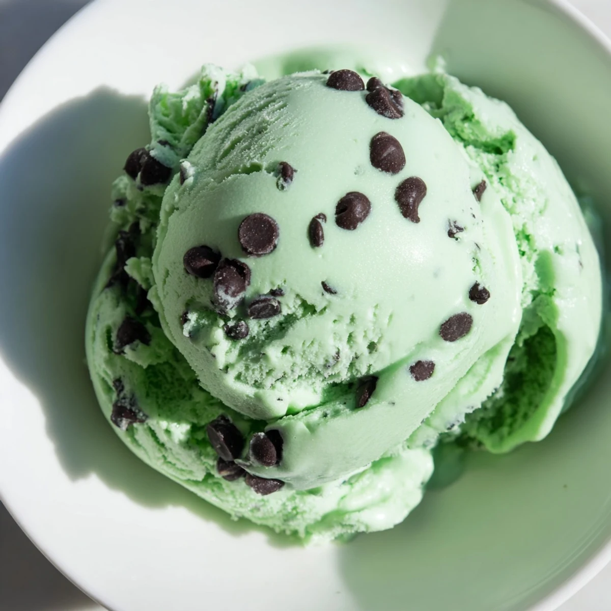 A bowl of homemade Green Mint Chip Ice Cream topped with dark chocolate shavings and fresh mint.