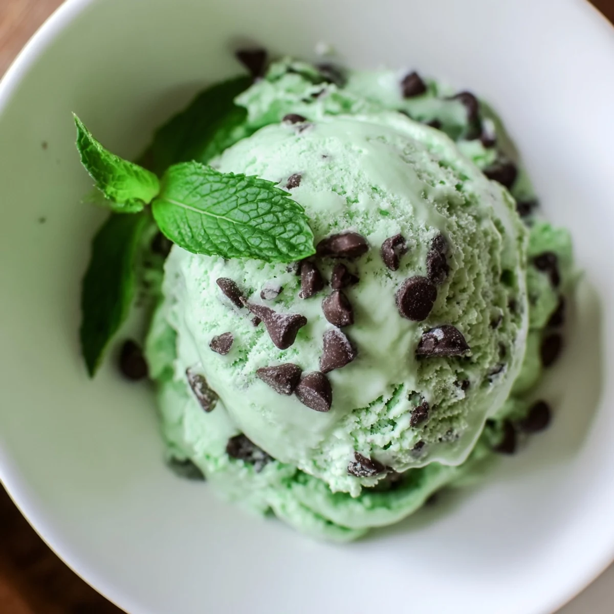 Scoops of vibrant green mint chip ice cream are served in a waffle cone with melting chocolate chips.