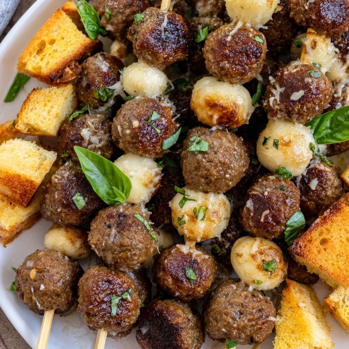 Golden toasted bread cubes layered with savory baked meatballs and gooey mozzarella on skewers, drizzled with melted butter and fresh basil, served alongside warm marinara dip for game day.