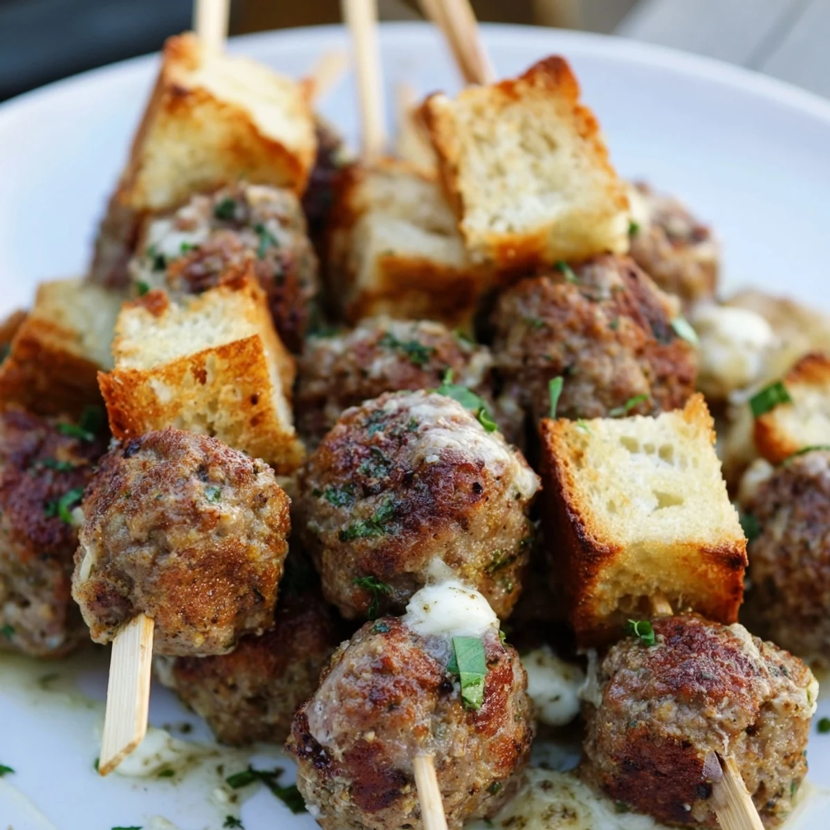 On a white platter, golden bread cubes, juicy meatballs, and mozzarella balls are threaded on wooden skewers, garnished with chopped parsley, creating perfect Game Day Meatball Sub Bites for parties.
