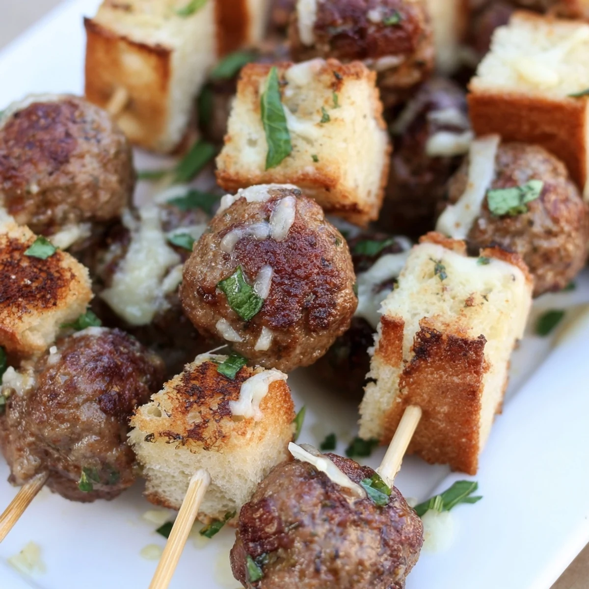 Skewered Game Day Meatball Sub Bites show mini meatballs, melted mozzarella, and toasted bread cubes, garnished with fresh basil and ready to dip into a small bowl of marinara.