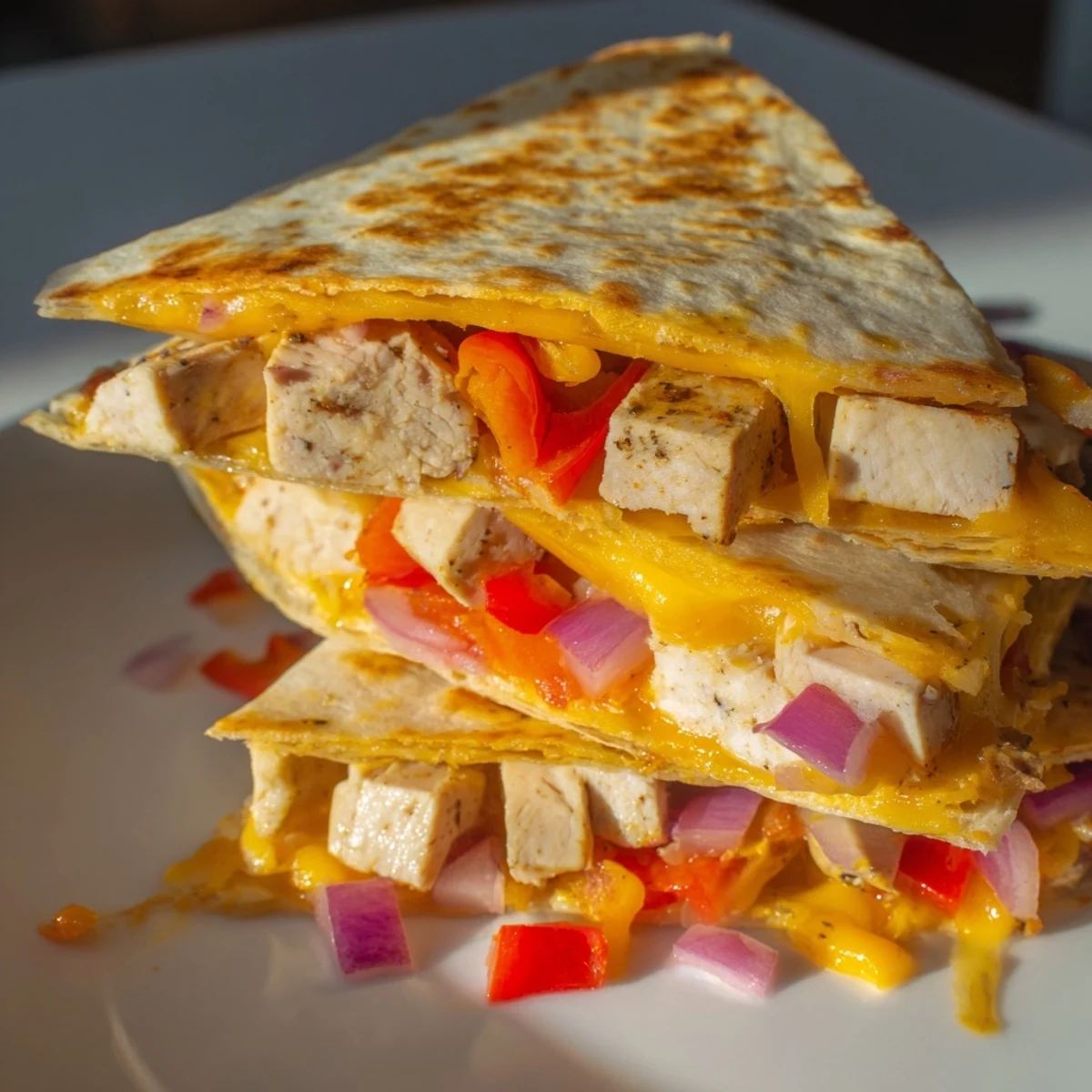 Golden, crispy Championship Chicken Quesadillas with melted cheese and peppers, paired with creamy guacamole.