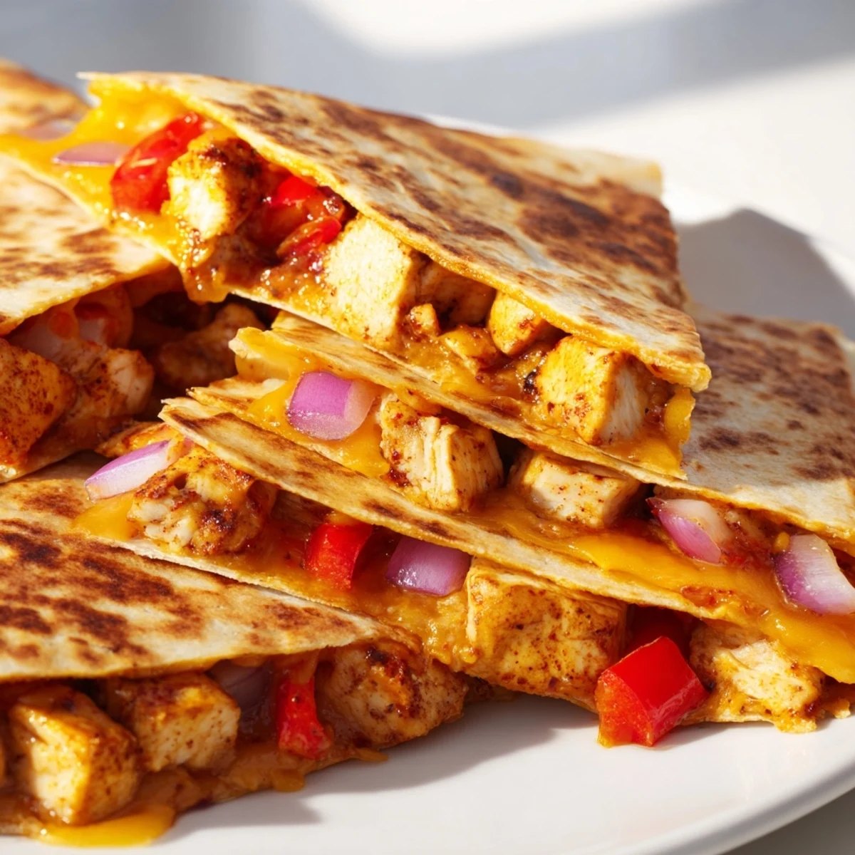 Sliced Championship Chicken Quesadillas reveal seasoned chicken, cheddar, and Monterey Jack, served with guacamole.