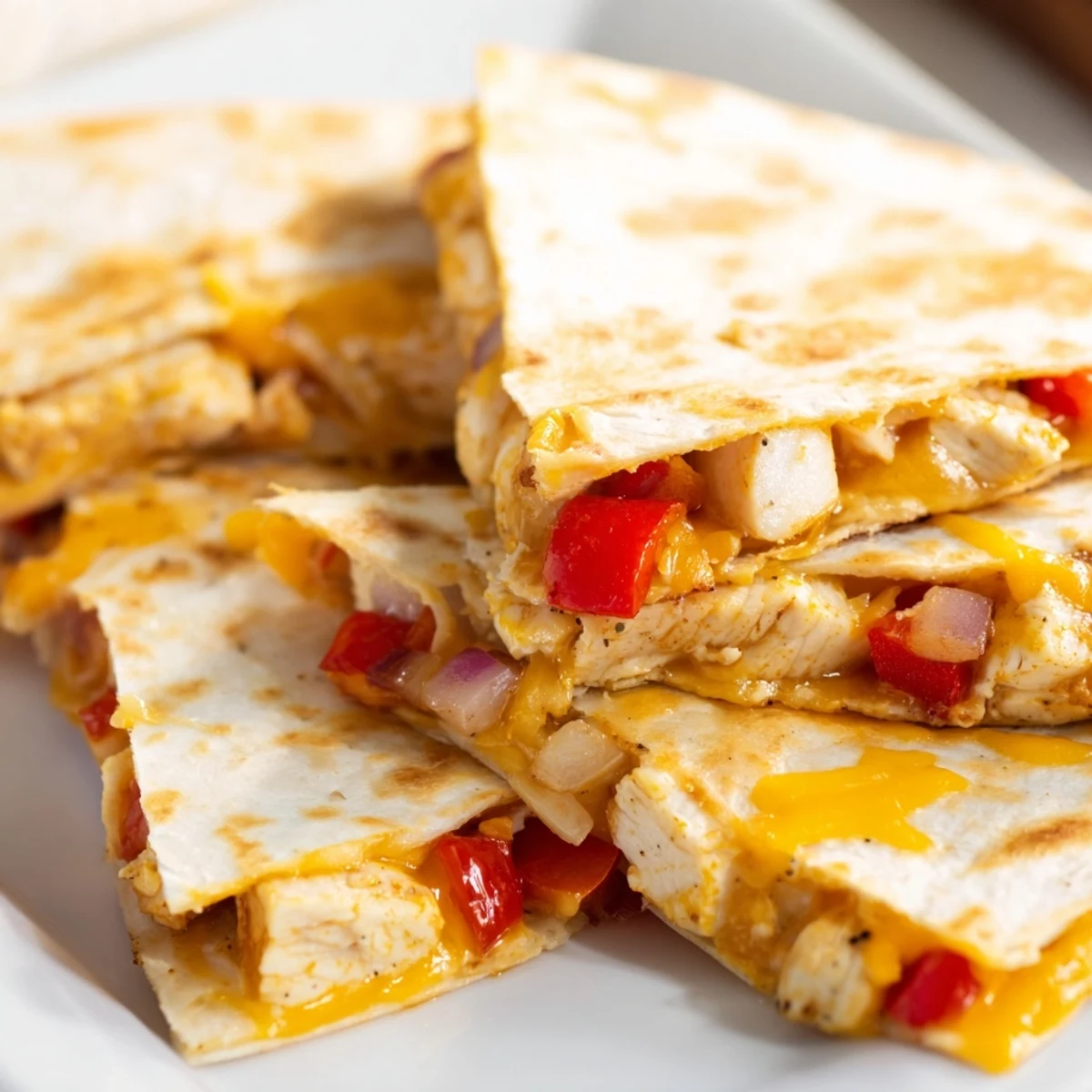 Warm Championship Chicken Quesadillas stacked on a plate with colorful peppers and fresh guacamole.