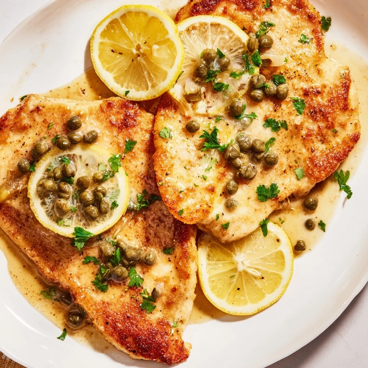Golden-brown chicken piccata resting in a glossy lemon-butter sauce, garnished with fresh parsley and lemon slices.  