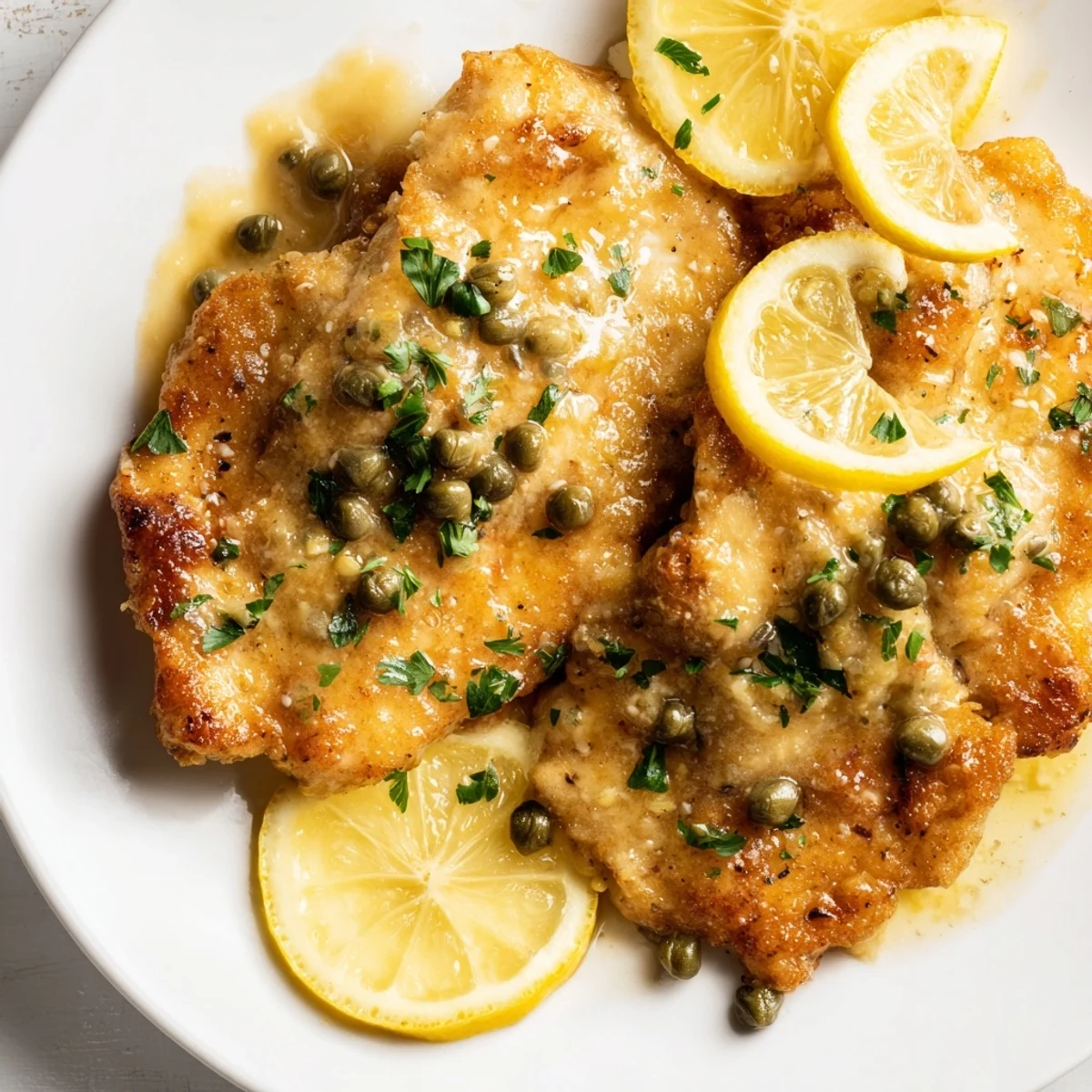 A close-up of Romantic Chicken Piccata on a white plate, highlighting the tender chicken and briny capers in sauce.  