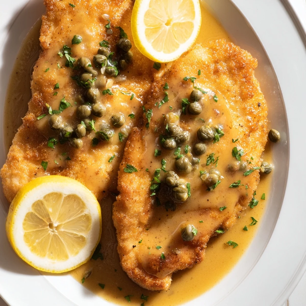 Sizzling skillet of Romantic Chicken Piccata, with parsley and lemon garnish beside a glass of white wine.