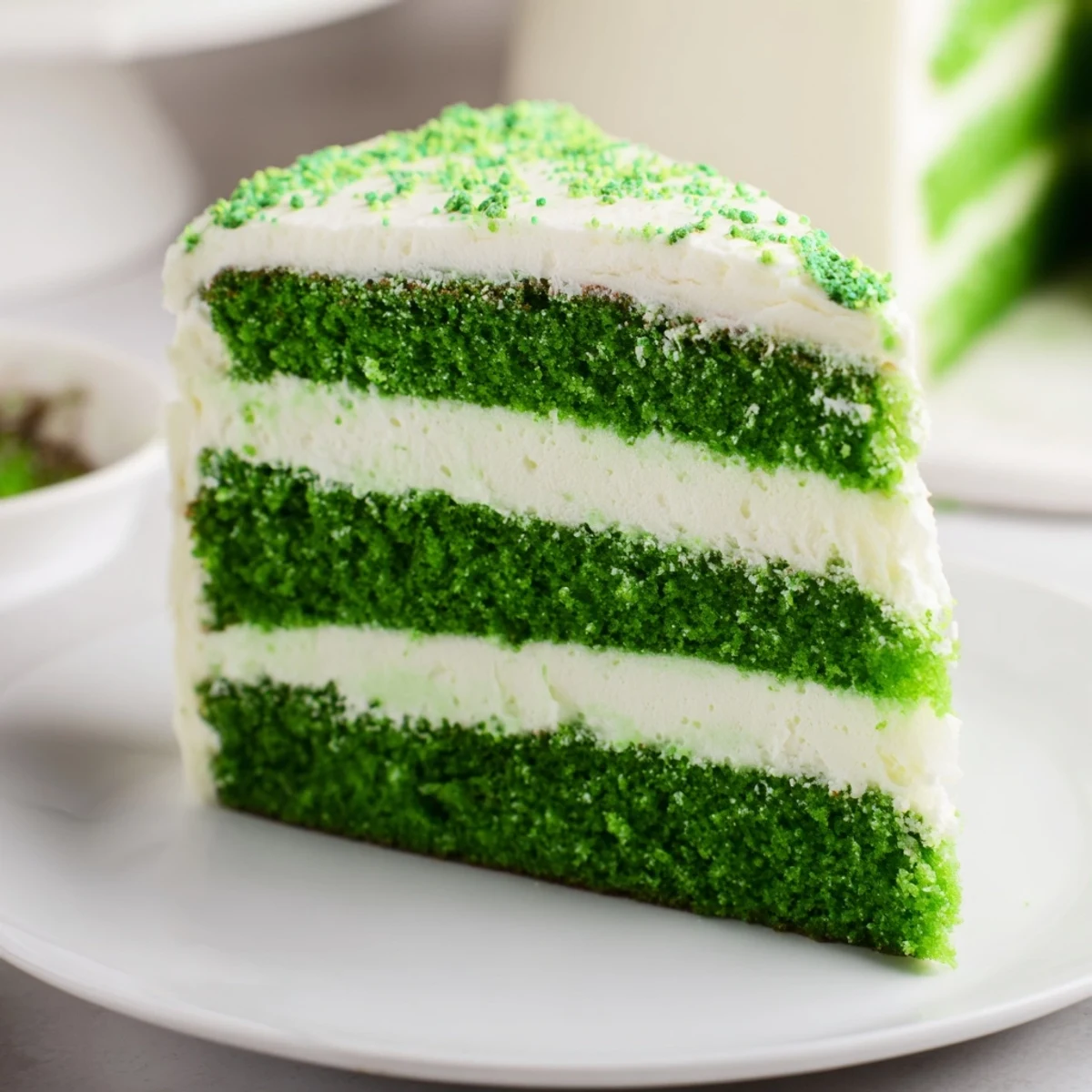 Decadent St. Patrick's Day Green Velvet Cake fully frosted with white cream cheese frosting, topped with green sprinkles and a gold coin.