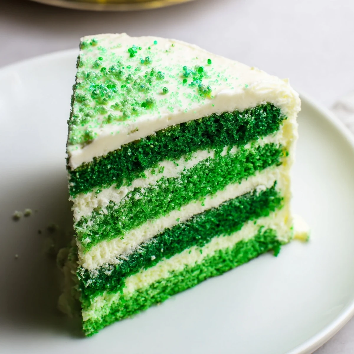 A slice of creamy St. Patrick's Day Green Velvet Cake with vanilla frosting is being served onto a festive green plate.