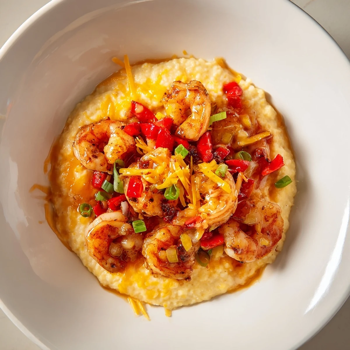 Louisiana Style Shrimp and Grits served in a rustic bowl, featuring plump shrimp in a spicy Cajun sauce over creamy cheddar grits.