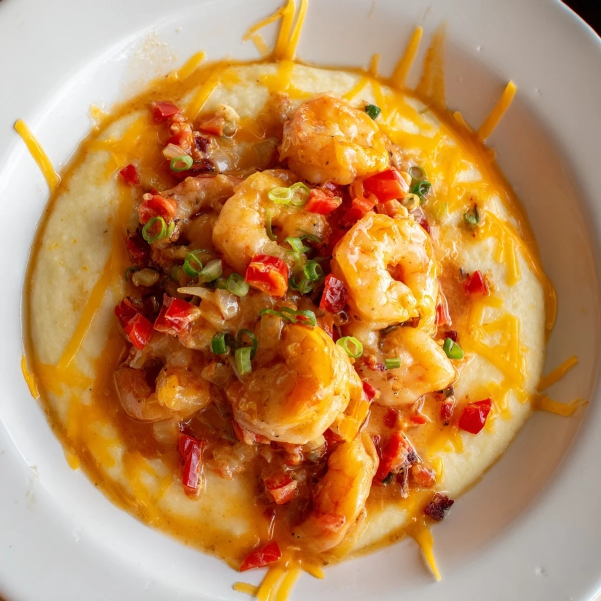 Savory Louisiana Style Shrimp and Grits topped with fresh scallions and parsley, showcasing a rich, buttery sauce ready for a Southern dinner.