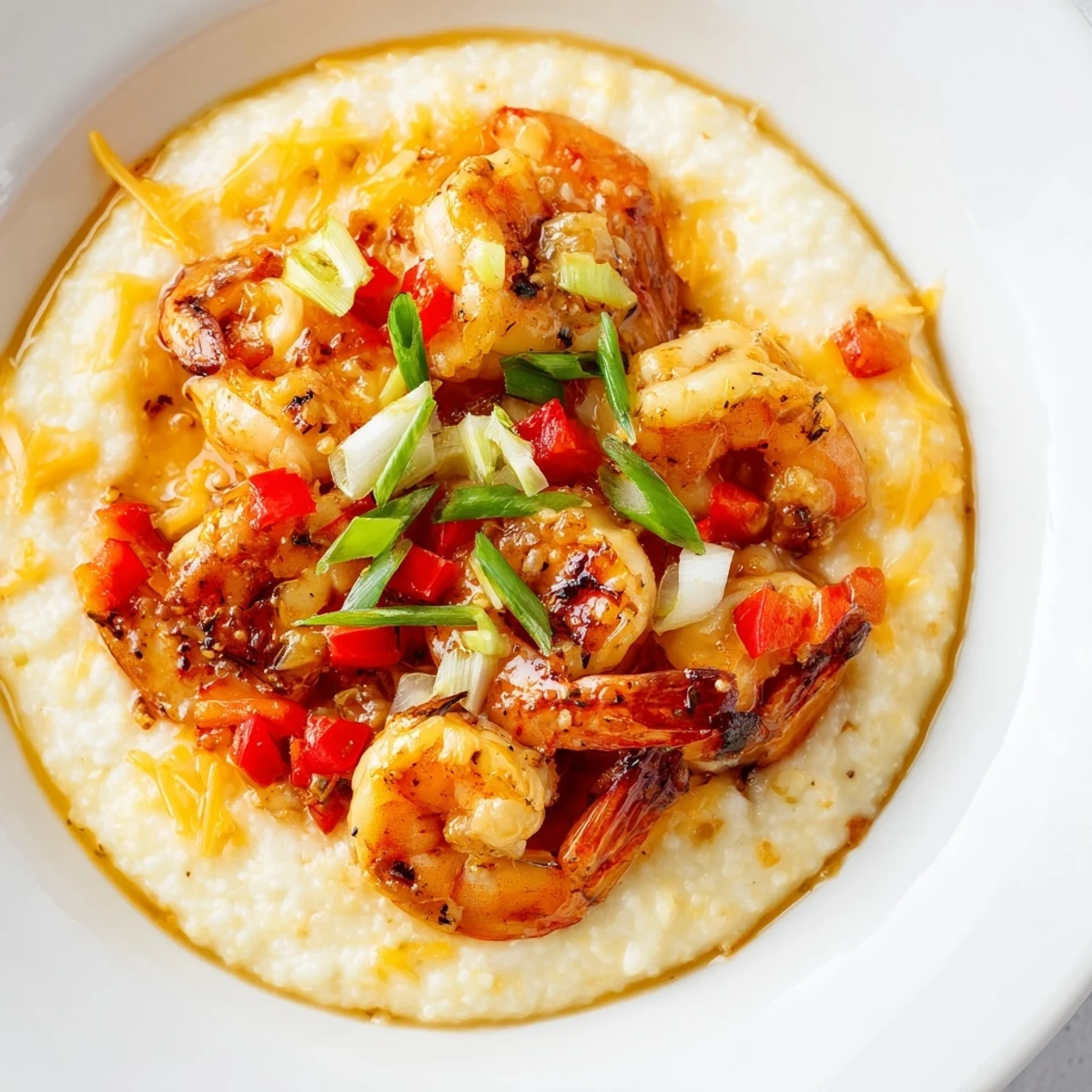 Close-up view of Louisiana Style Shrimp and Grits with glistening shrimp and a ladle of thick, cheesy grits, perfect for a comforting brunch.