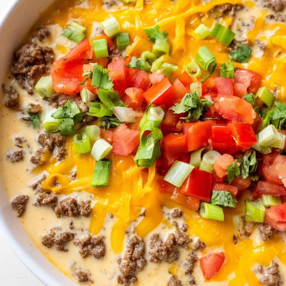 Steaming bowl of creamy Touchdown Spicy Beef Queso Dip, topped with cilantro and green onions, served with tortilla chips for dipping.  