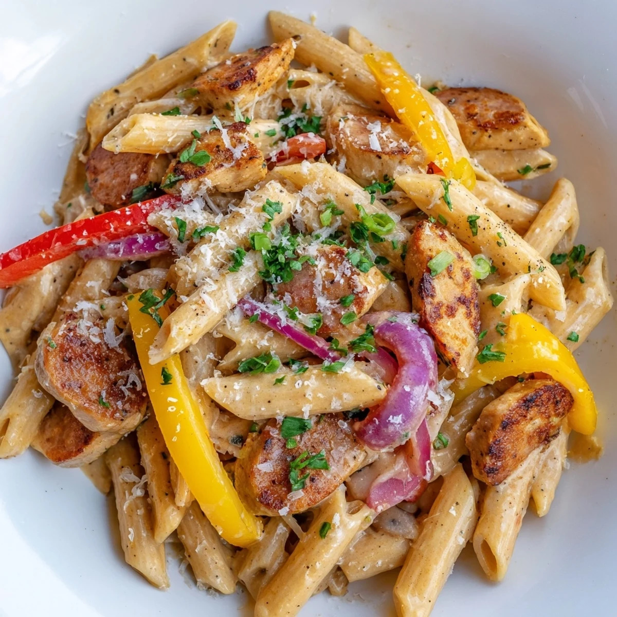 Tossing penne with creamy Cajun sauce, Mardi Gras Pasta showcases colorful bell peppers and juicy chicken.