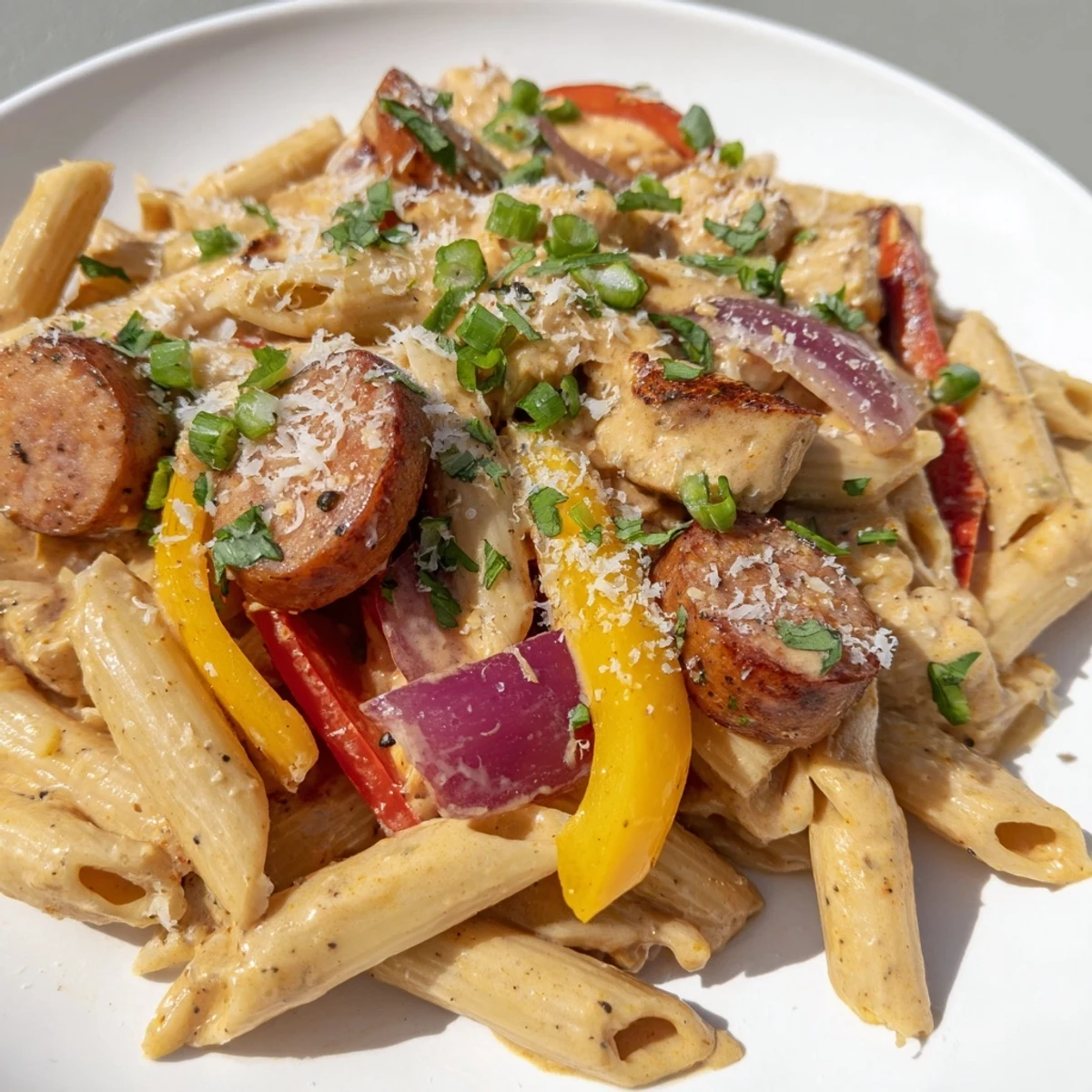 Plated Mardi Gras Pasta is garnished with fresh parsley, ready for a festive family dinner.