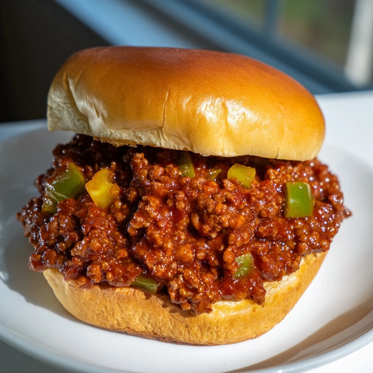 Golden toasted hamburger buns stuffed with saucy Beef Sloppy Joes on a rustic plate.