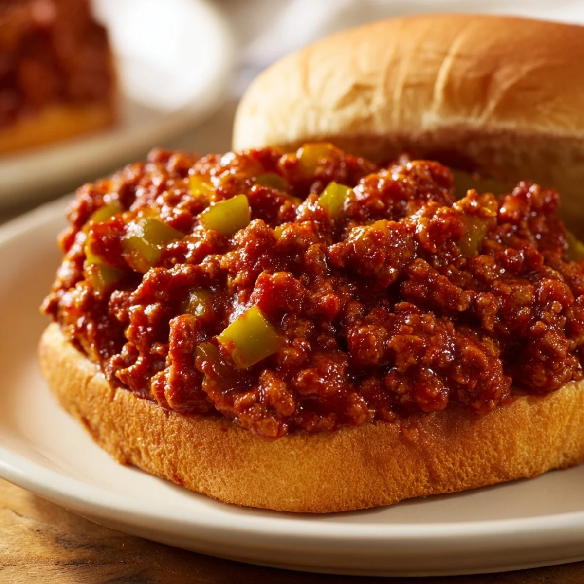 Melted cheese and pickles topping hot Beef Sloppy Joes on toasted buns, ready to eat.