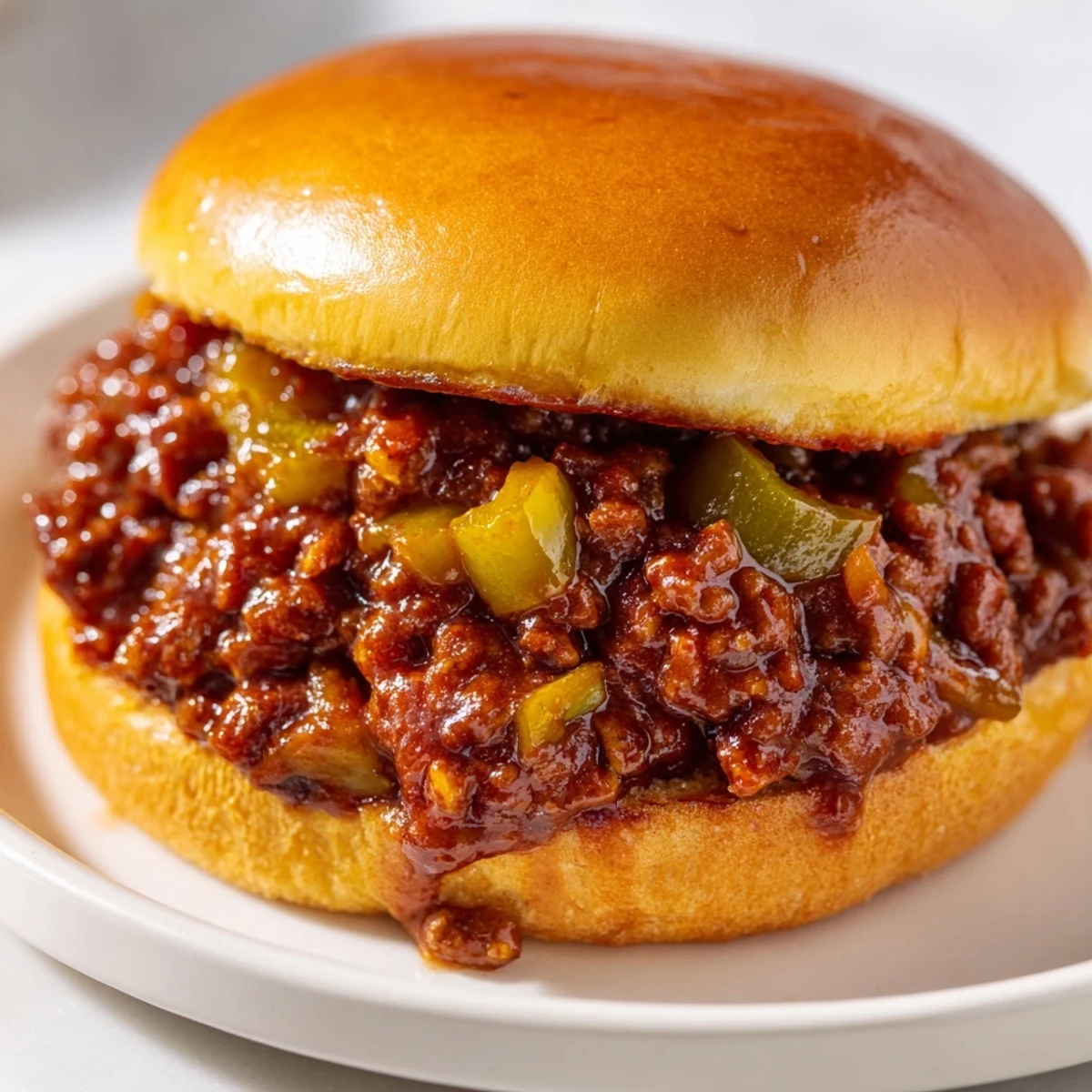 A close-up of juicy ground beef mixture simmering with onions and peppers for Beef Sloppy Joes.