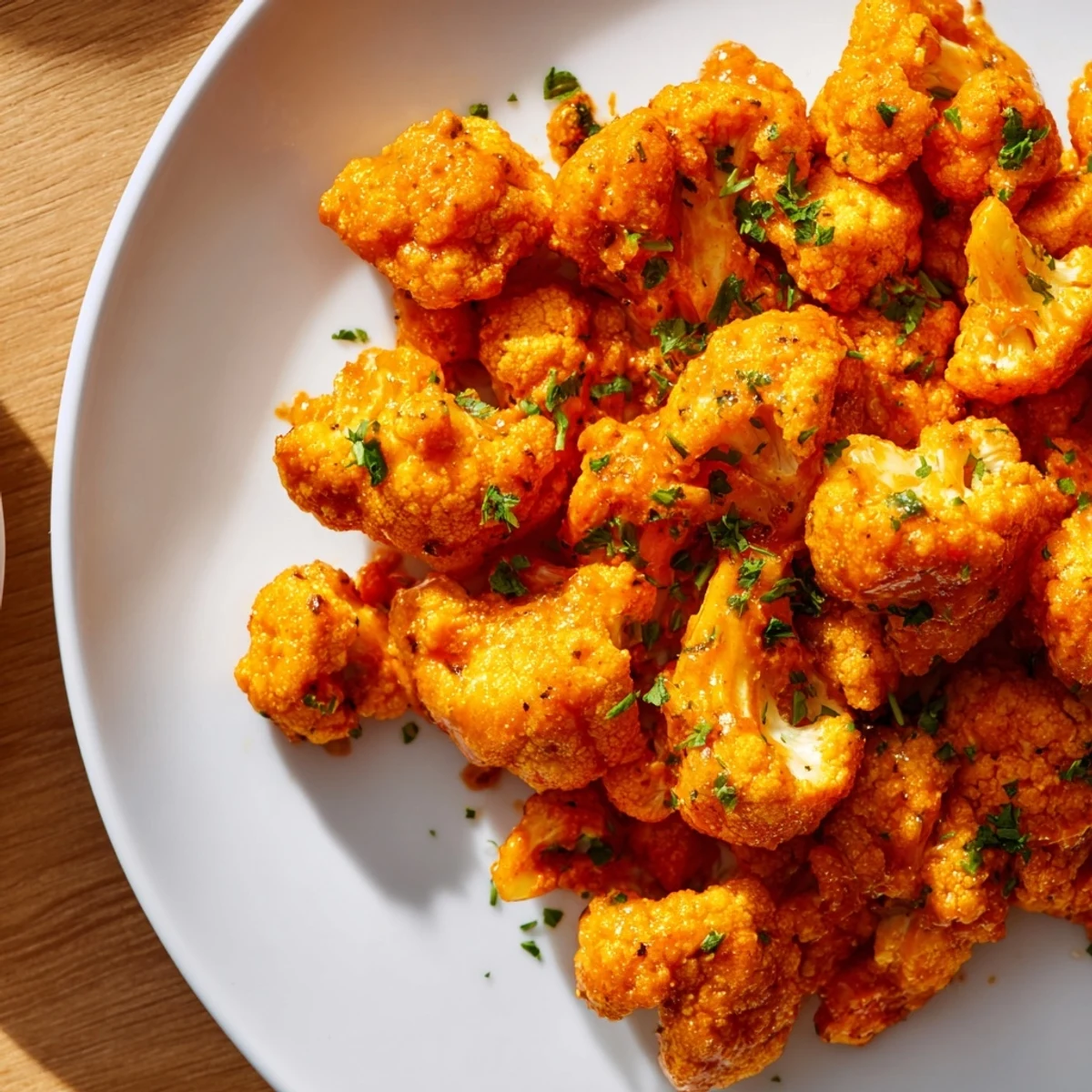 Crispy golden Big Game Buffalo Cauliflower Wings tossed in tangy sauce, served with celery sticks and blue cheese dressing.