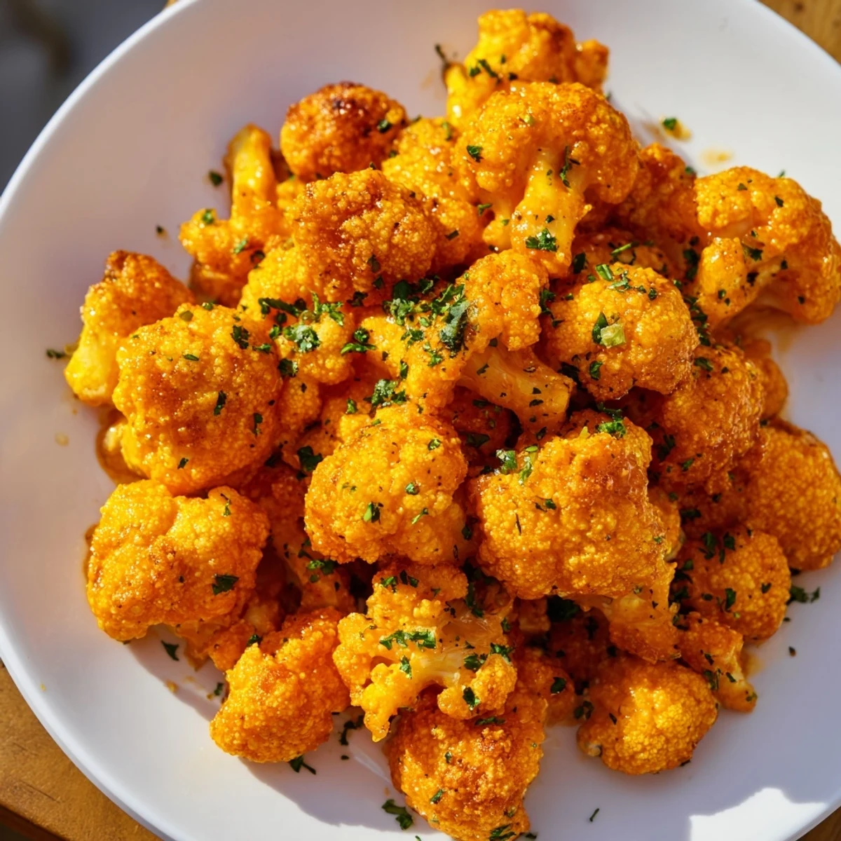 Oven-baked Big Game Buffalo Cauliflower Wings with spicy glaze and parsley garnish on a rustic platter for game day.